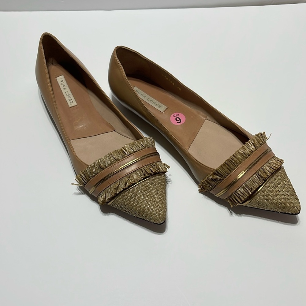 Pura Lopez Tan Raffia Pointed-Toe Flats